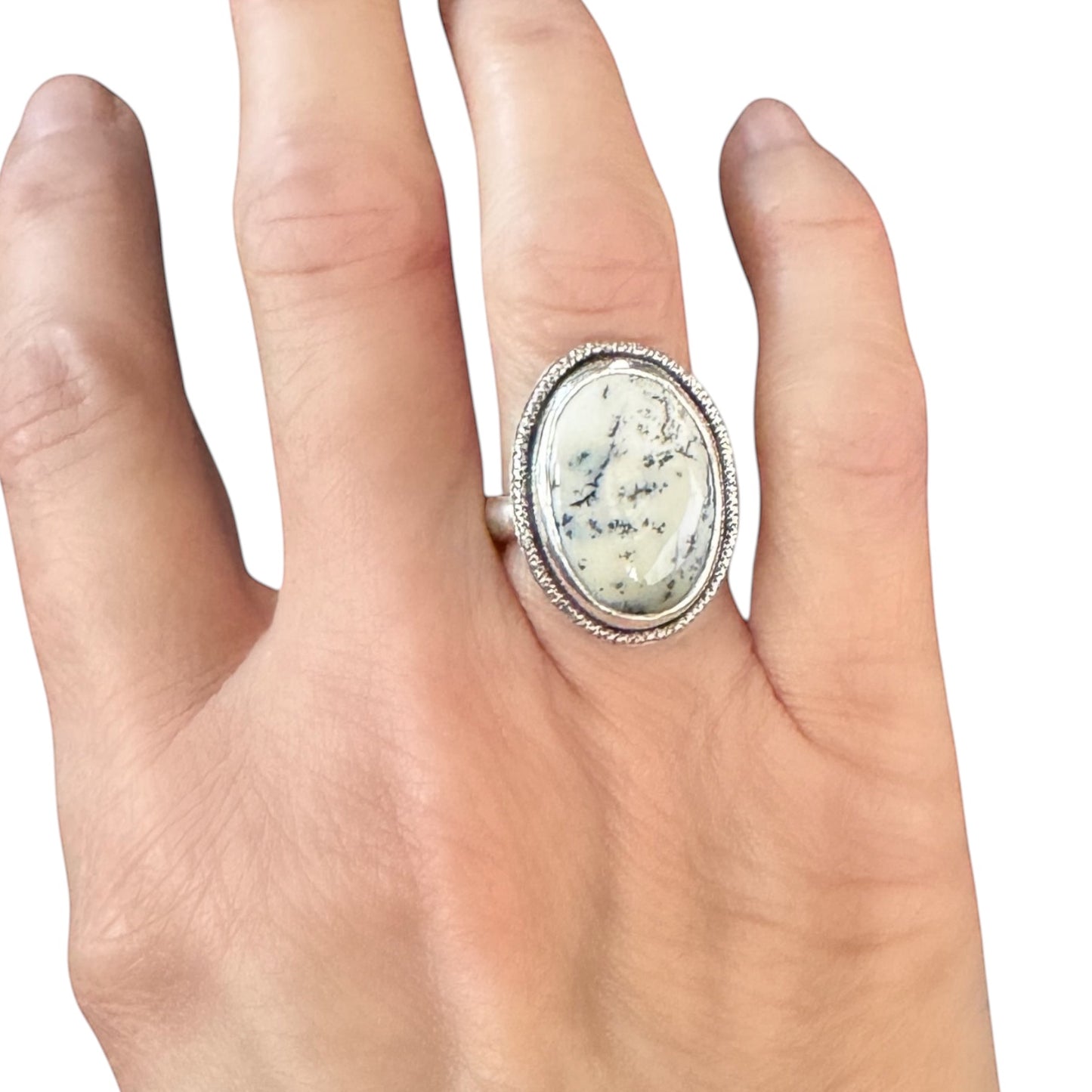 Dendritic agate, merlinite gemstone statement ring, white with black dendrites set in sterling silver, gift for her, statement ring