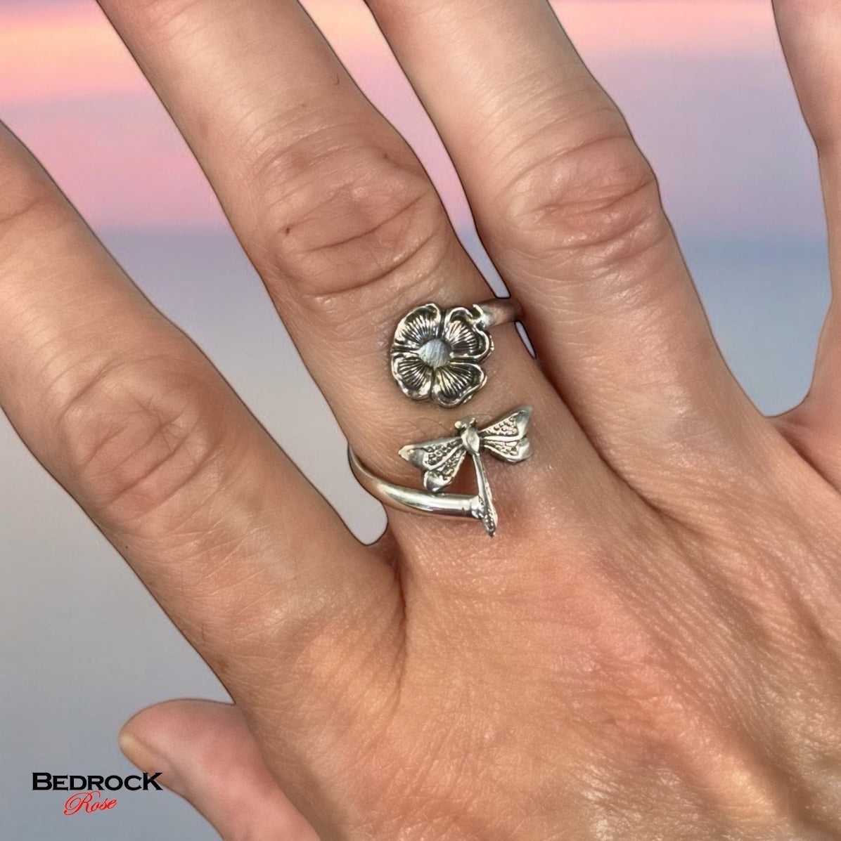 Bedrock Rose antique sterling silver wrap ring with dragonfly and blossom design, adjustable size 6.5.