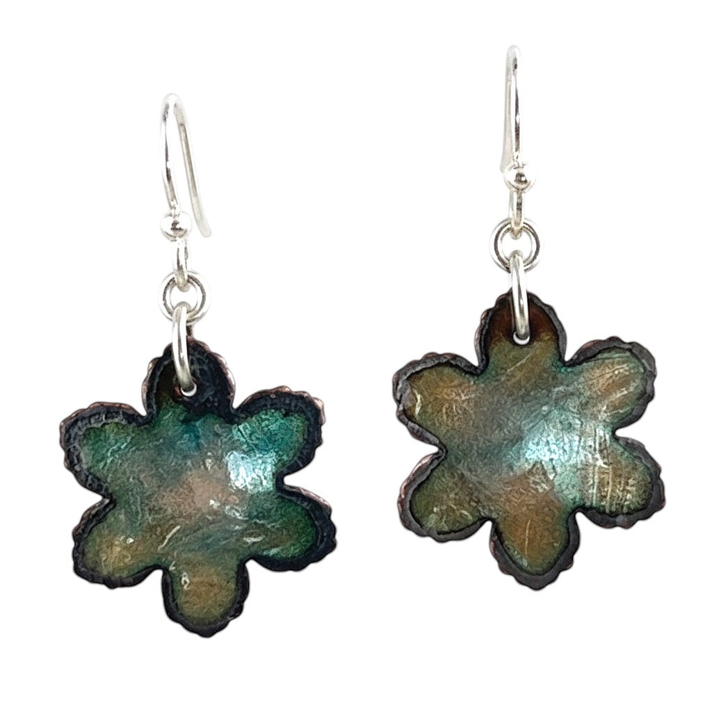 Bedrock Rose serrated flower dangle earrings in forest green enamel and dark oxidized copper on surgical steel wires.