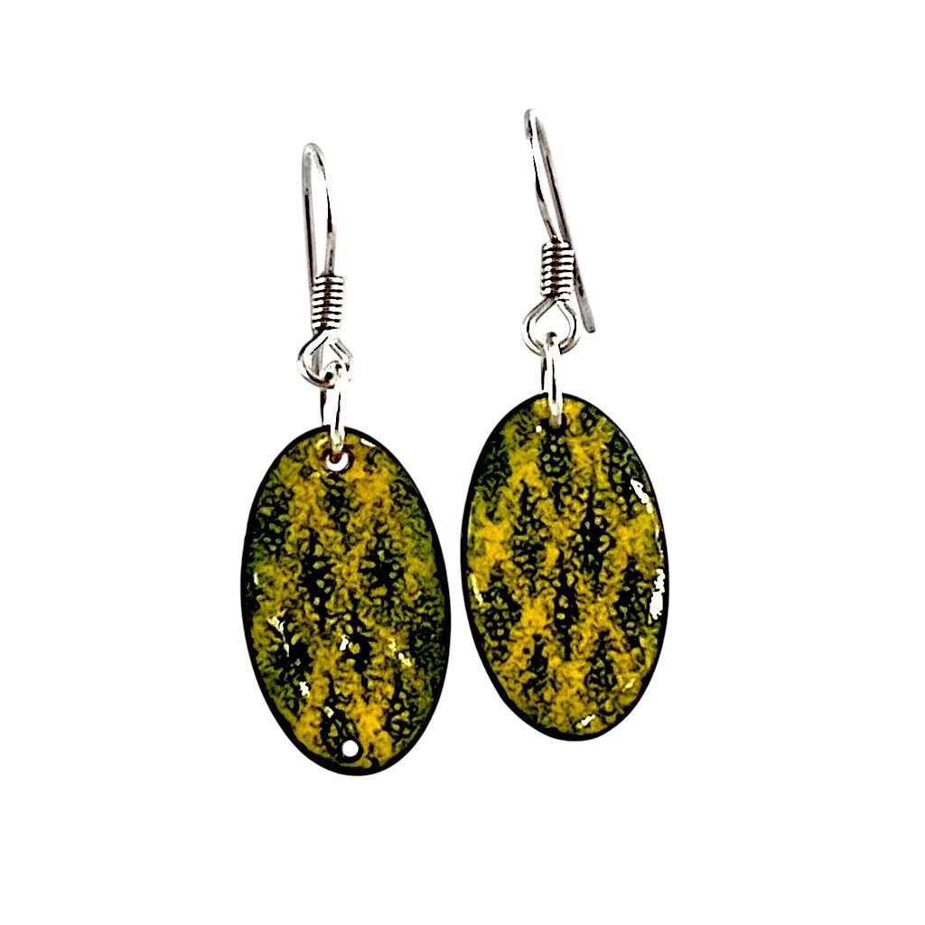 Bedrock Rose oval earrings featuring a stenciled black and golden-yellow vitreous enamel pattern on fine silver.