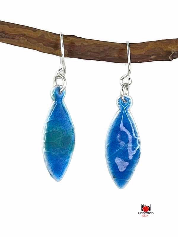 Bedrock Rose marquise-shaped earrings with navy and lime green gradient enamel on textured fine silver dangles.