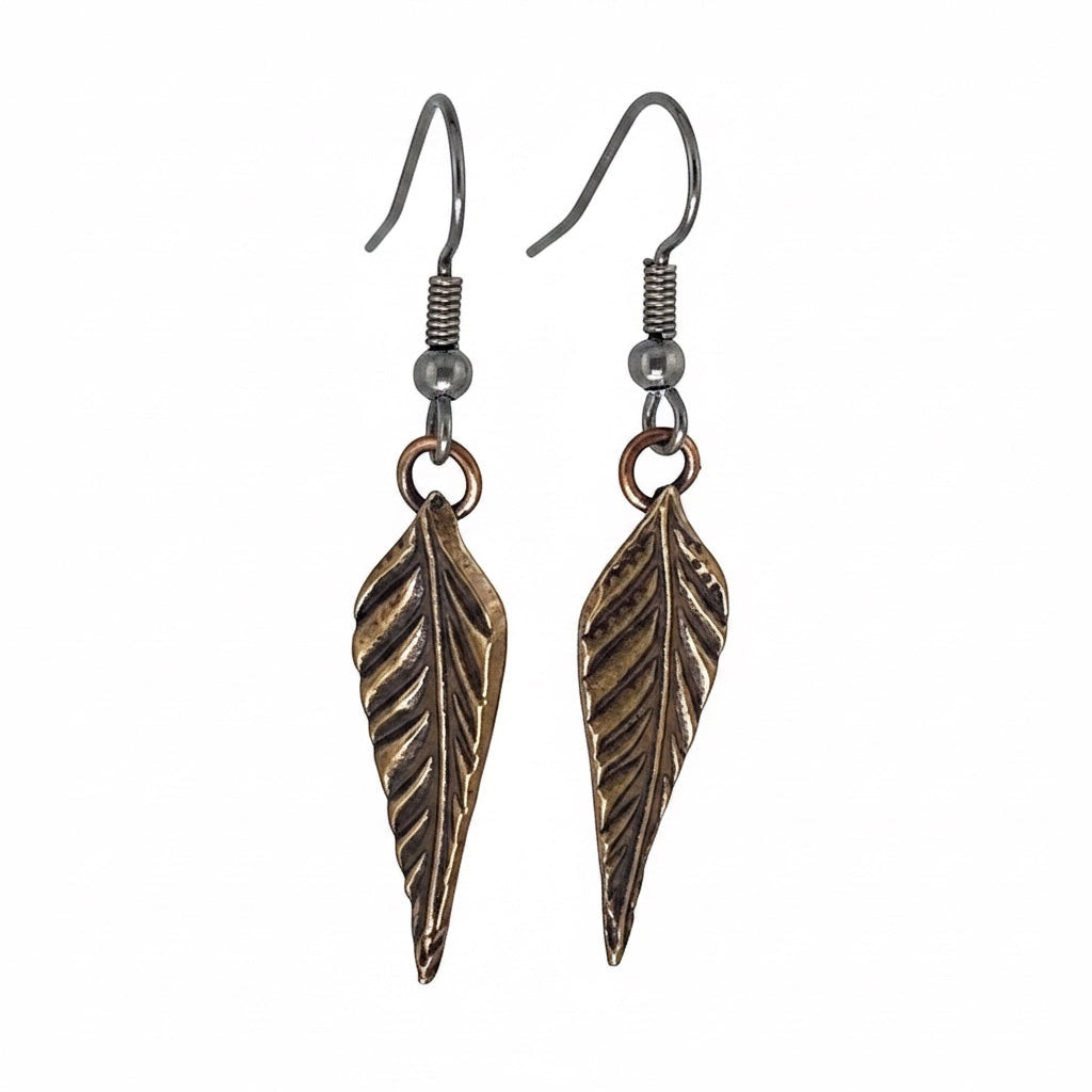 Bedrock Rose Dainty Rose Bronze Feather Dangling Earrings with surgical steel ear wires.