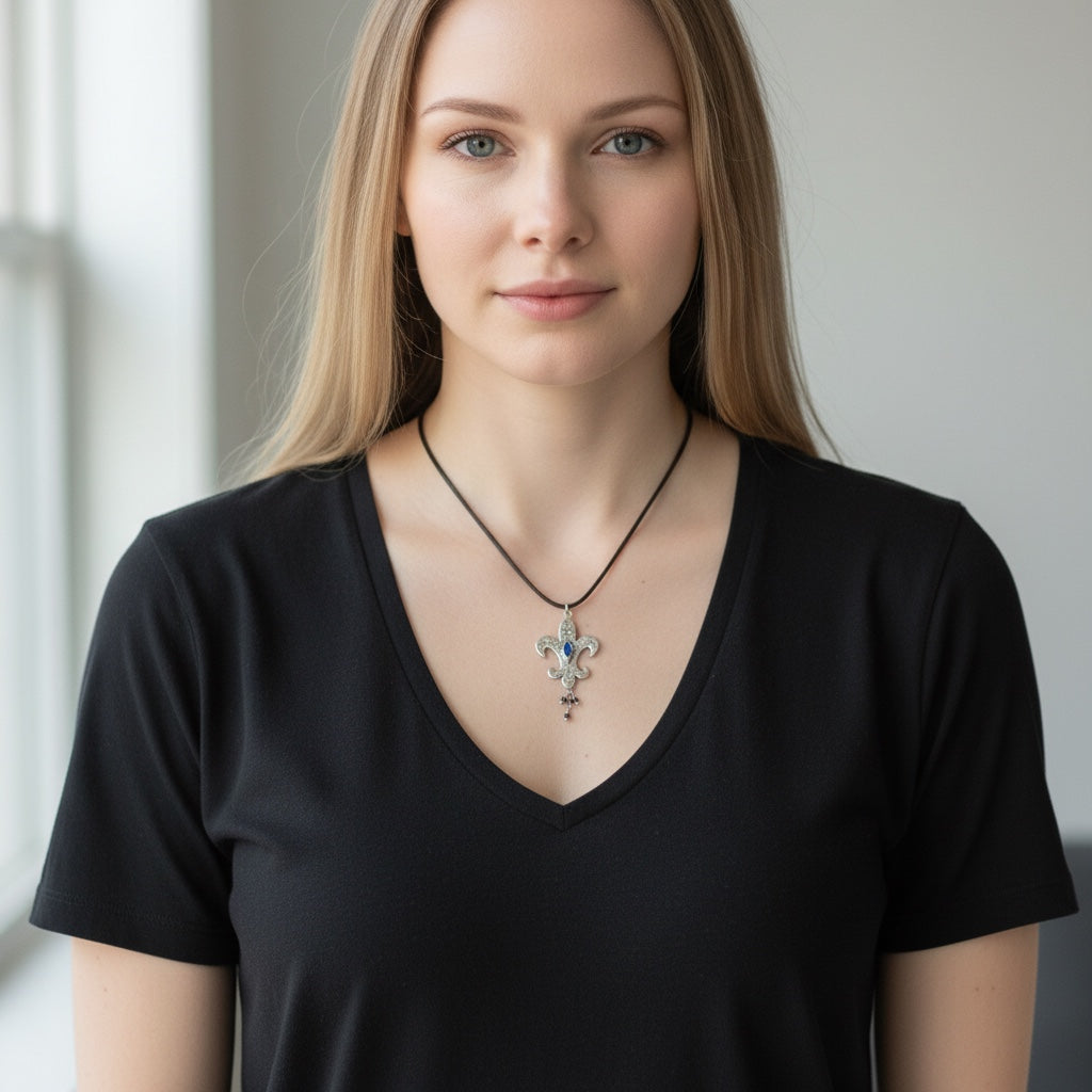 Bedrock Rose sterling silver fleur-de-lis pendant with a blue marquis gemstone on a black cord worn by a woman.