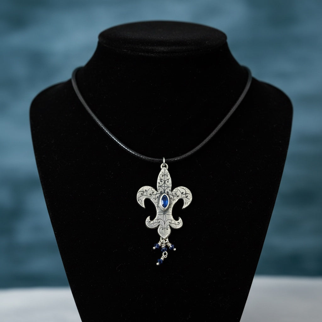 Bedrock Rose sterling silver fleur-de-lis pendant featuring a marquis-cut blue gemstone on a black cord necklace.