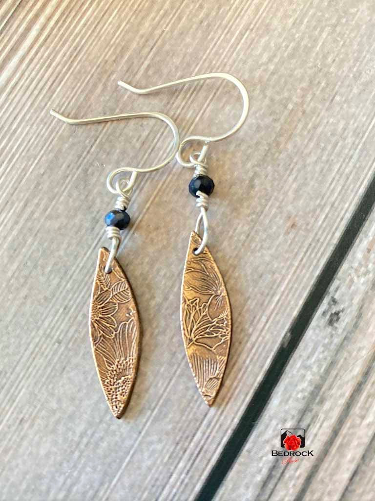 Warm Rose Bronze Floral Pointy Oval Dangling Earrings, Engraved Jewelry, Elegant Danglers