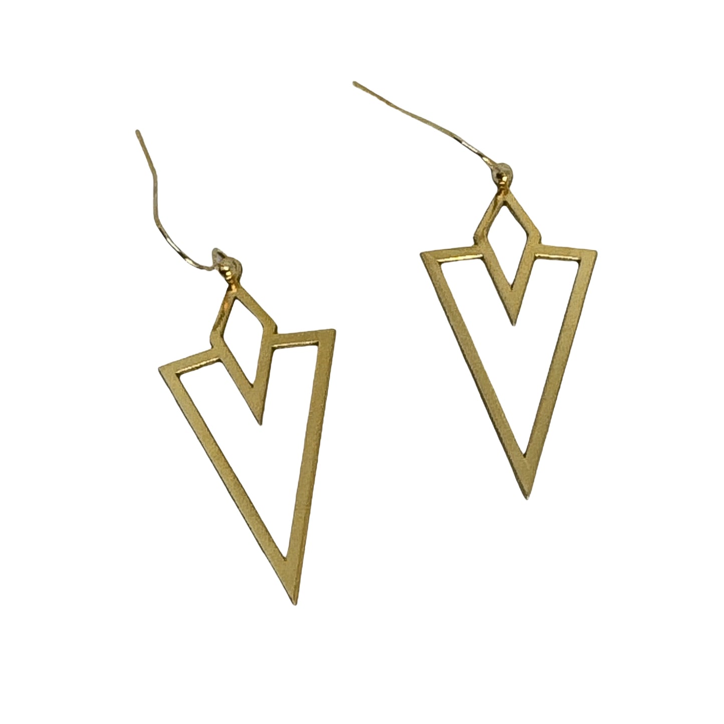Bedrock Rose gold-plated brass arrowhead dangling earrings with geometric laser-cut design and surgical steel wires.