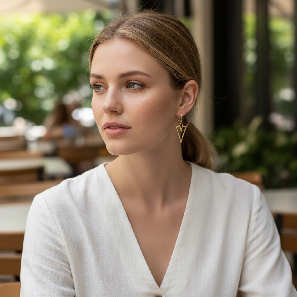 Bedrock Rose gold arrowhead dangling earrings worn by a woman in a white blouse in an outdoor cafe setting.