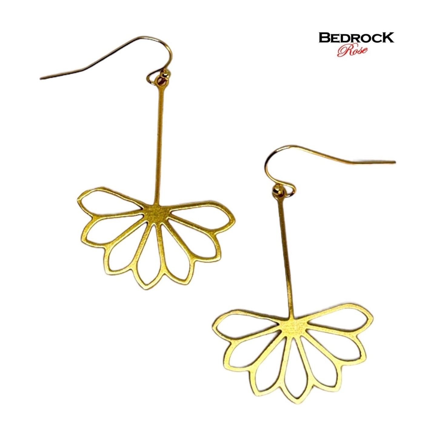 Bedrock Rose gold-plated brass drop earrings featuring geometric Art Deco flower petals on surgical steel wires.