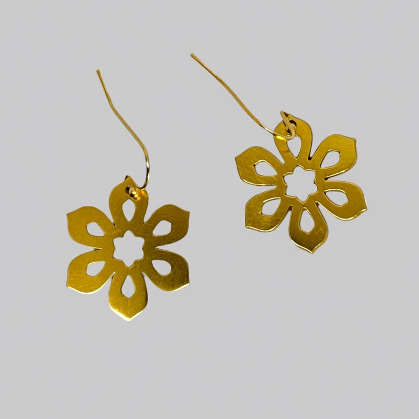 Gold Art Deco Flower Dangling Earrings, 24k gold-plated brass, precision laser design, modern chic jewelry, gift for her, geometric design