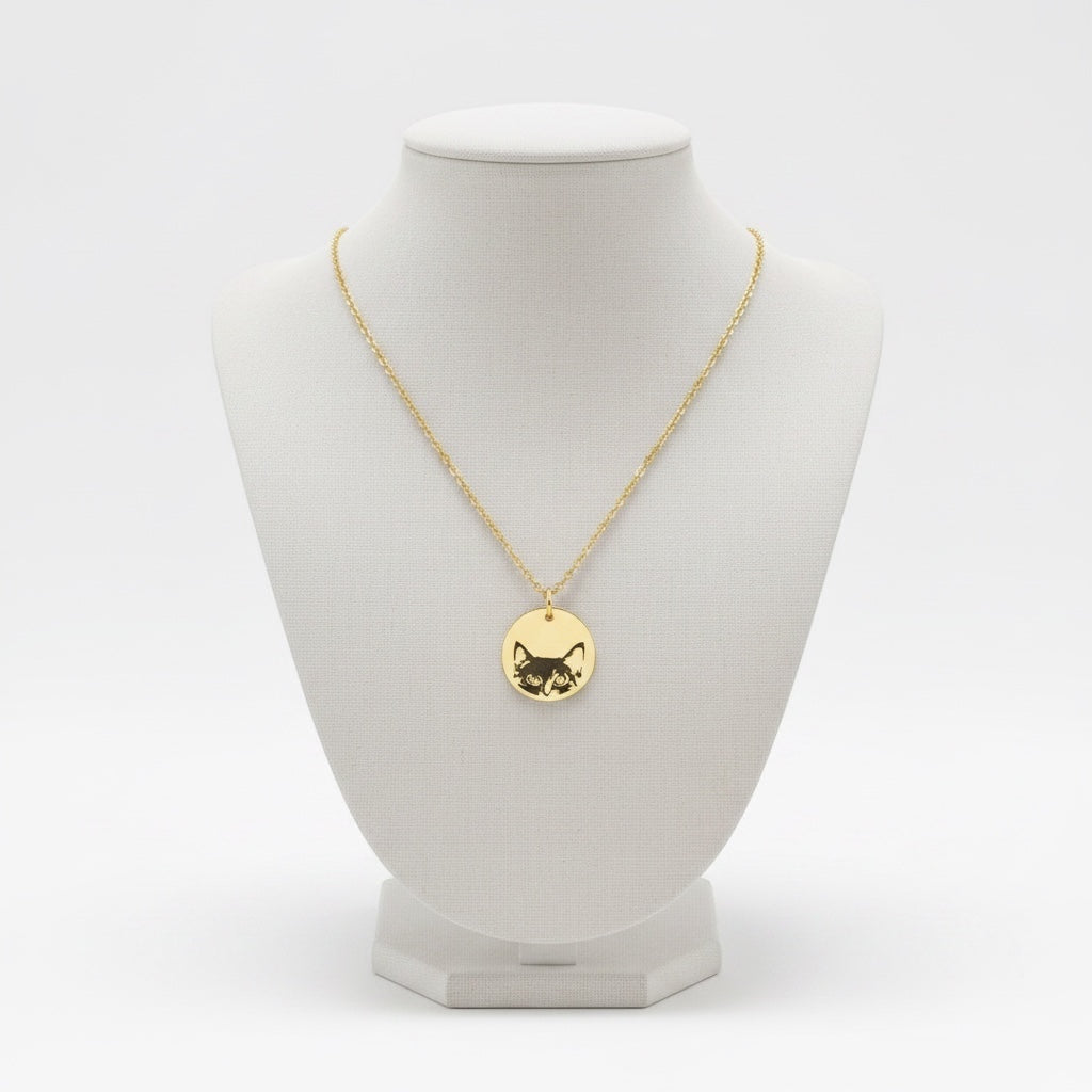 Bedrock Rose gold stainless steel necklace featuring a laser-engraved peek-a-boo cat face on a round pendant