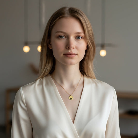 Bedrock Rose gold stainless steel cat face pendant necklace worn by a woman in a white blouse.