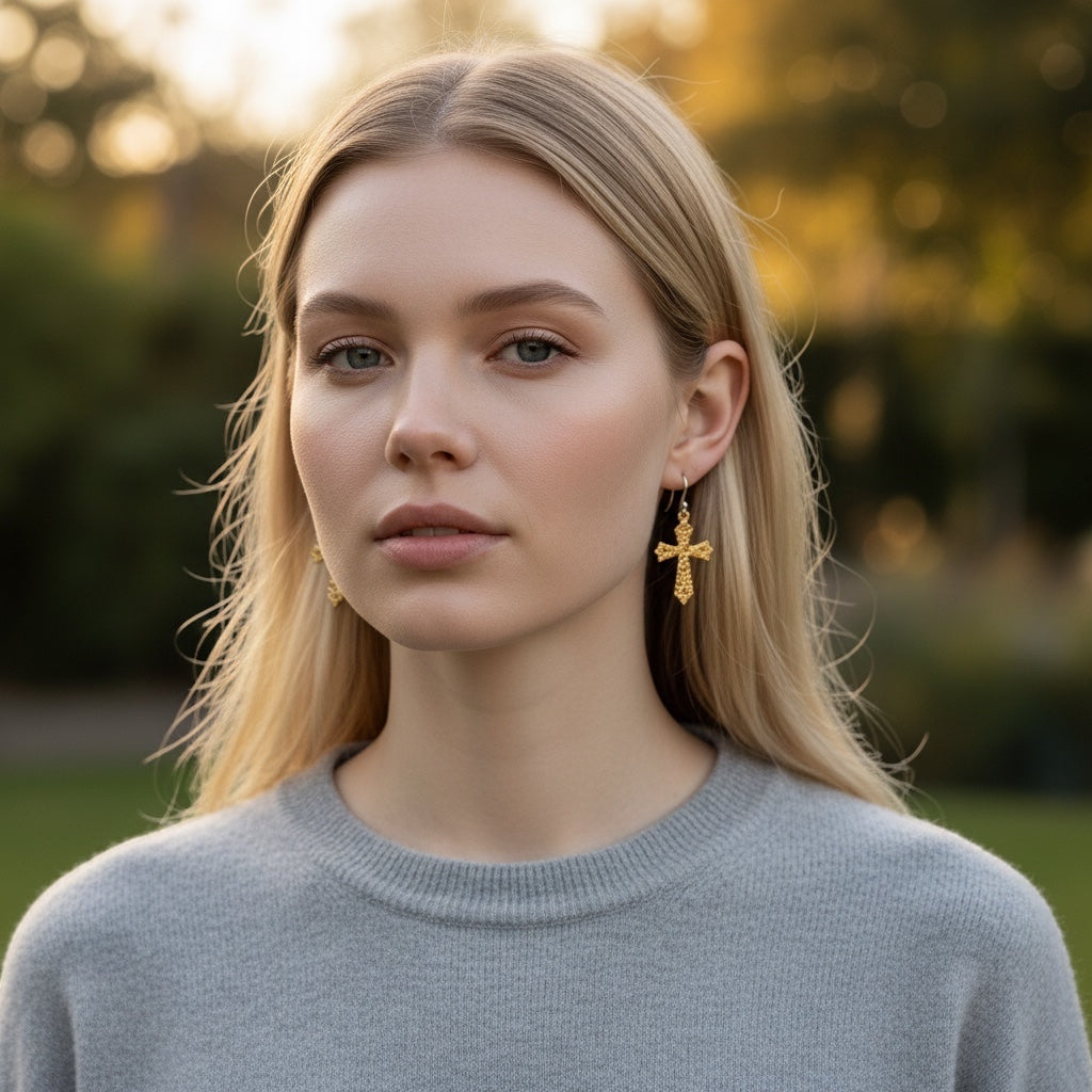 A blonde woman wearing Bedrock Rose gold cross earrings with intricate rose-etched floral patterns in a garden setting.