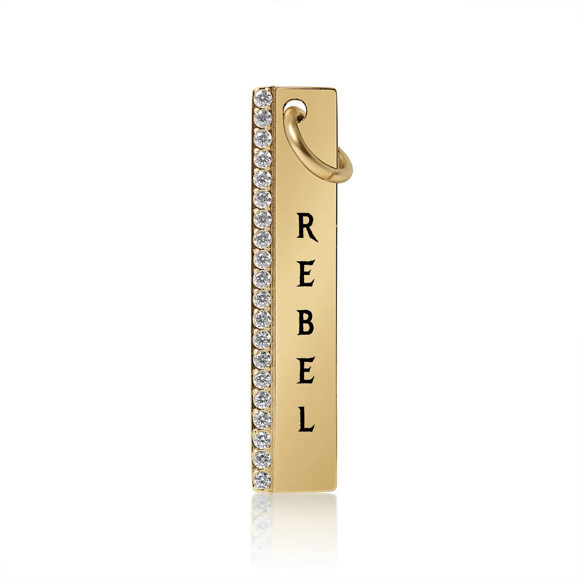 Bedrock Rose gold stainless steel vertical bar necklace with crystal accents and engraved REBEL text