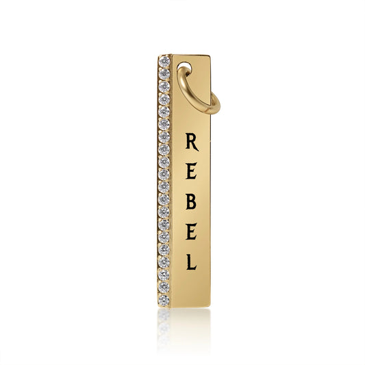Bedrock Rose gold stainless steel vertical bar necklace with crystal accents and engraved REBEL text