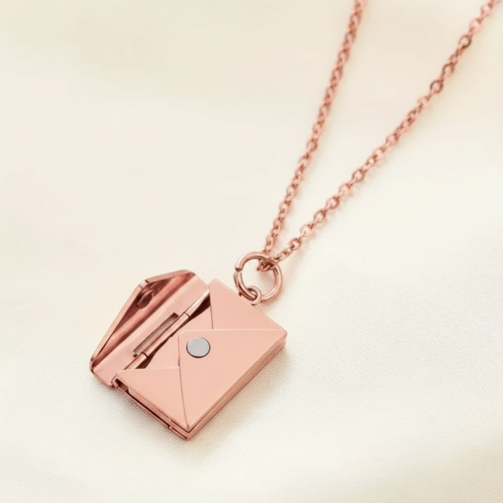 Bedrock Rose gold envelope necklace with a hidden message compartment and delicate cable chain on a soft background.