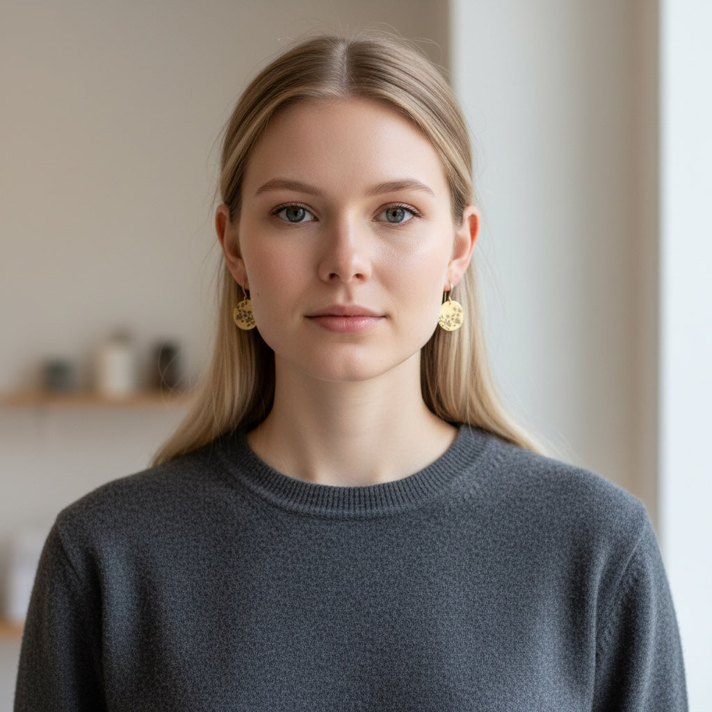 Bedrock Rose gold disc earrings with floral engraving worn by a blonde woman in a grey sweater.