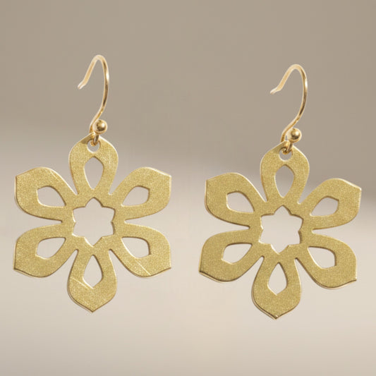 Bedrock Rose gold-plated brass flower earrings with an Art Deco laser-cut design and surgical steel ear wires.