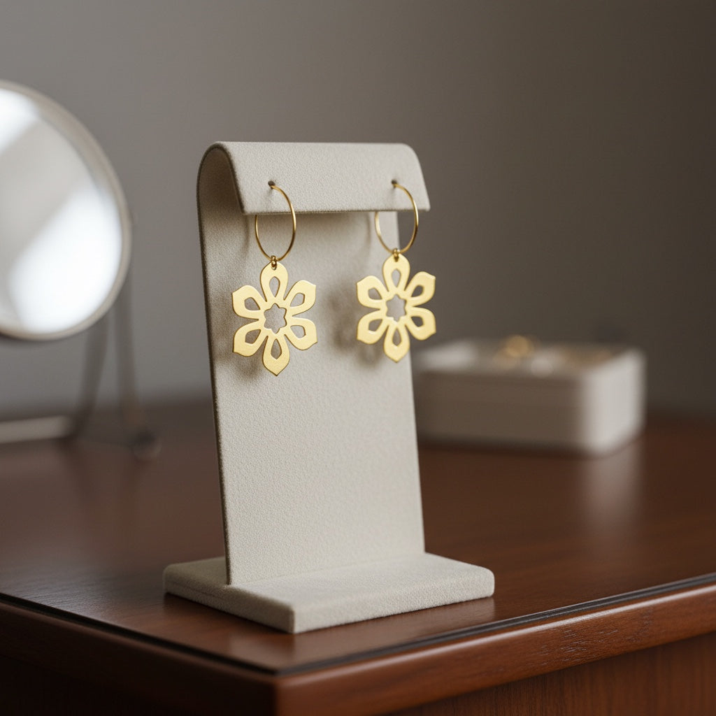 Bedrock Rose gold-plated brass Art Deco flower earrings with laser-cut floral design on a display stand.