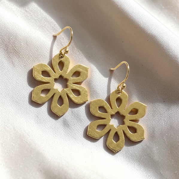 Bedrock Rose gold-plated brass flower earrings with laser-cut Art Deco design and surgical steel ear wires.