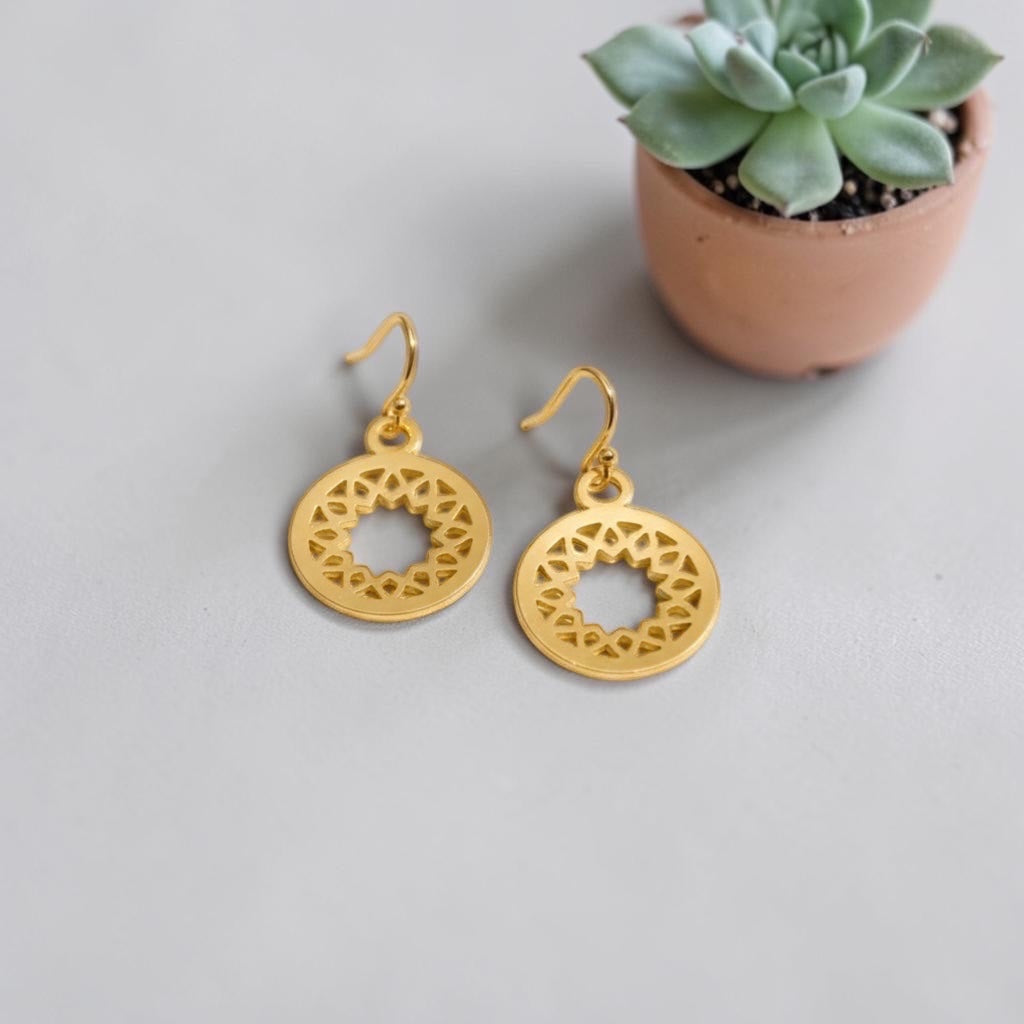 Bedrock Rose gold-plated brass open mandala disc earrings with geometric sunburst pattern, 18 mm.