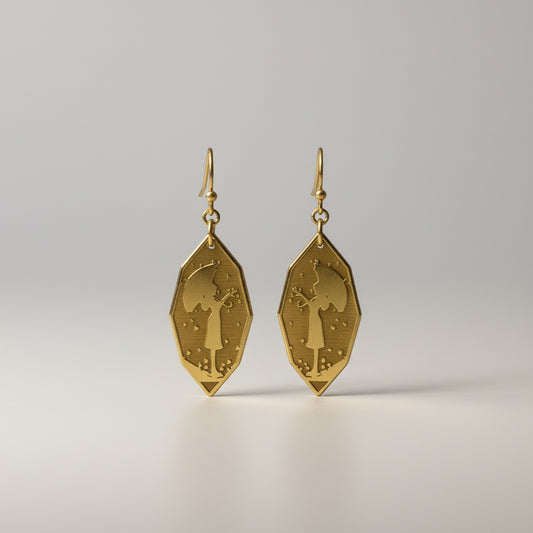 Bedrock Rose gold-tone metal earrings featuring a girl silhouette with umbrella and falling hearts design.