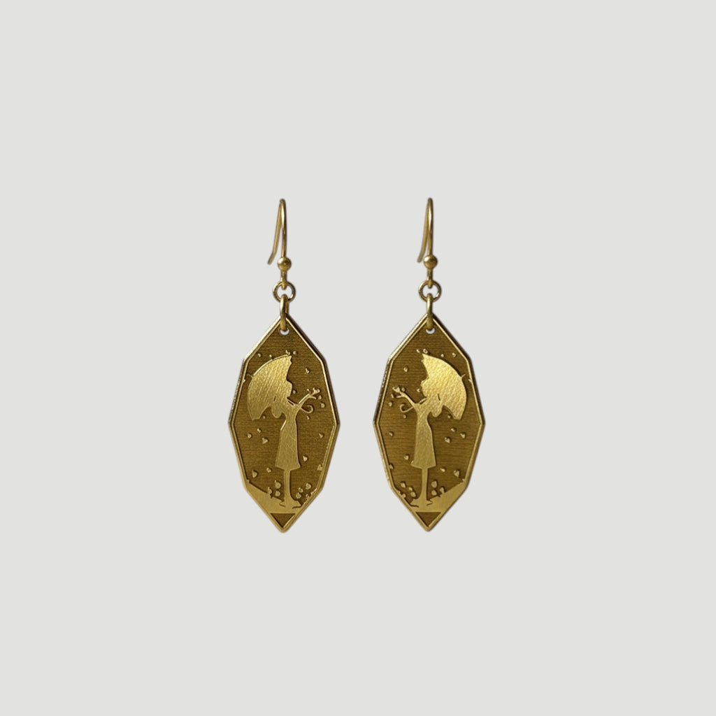 Bedrock Rose gold-tone metal earrings featuring a girl with an umbrella silhouette and falling hearts. Elongated diamond shape.