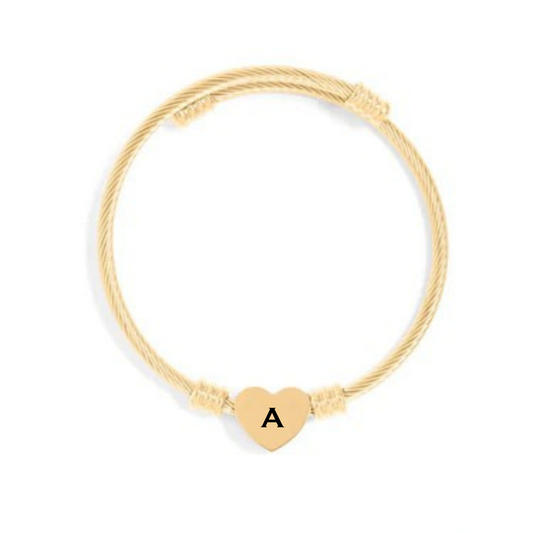Bedrock Rose gold-tone stainless steel adjustable cable cuff bracelet with a personalized heart charm featuring letter A.