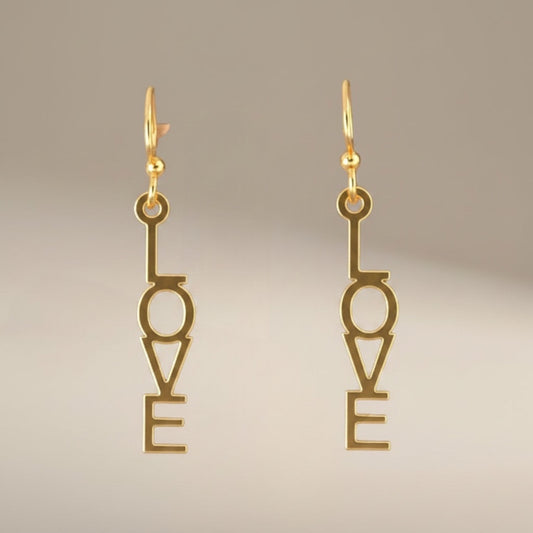 Bedrock Rose gold-plated dangling earrings with laser-cut "Love" text, surgical steel earwires.