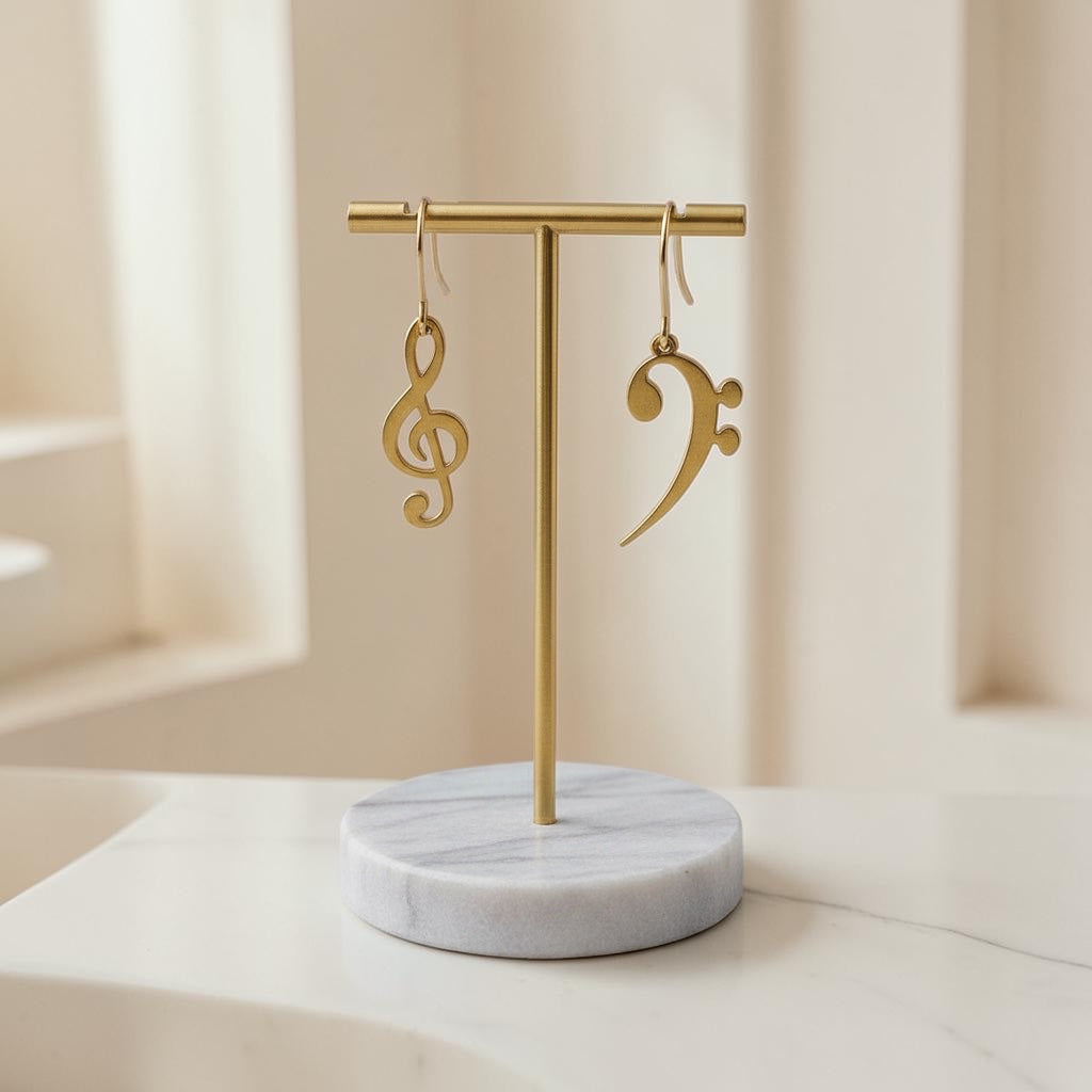 Bedrock Rose gold treble and bass clef dangling earrings made of 24k gold plated brass on a marble stand.