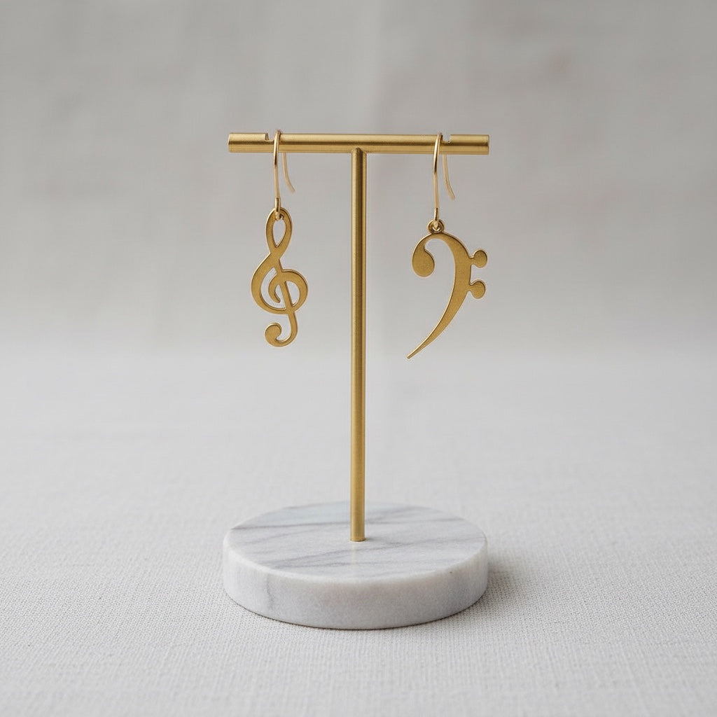 Bedrock Rose gold-plated brass treble and bass clef dangling earrings on a marble display stand.
