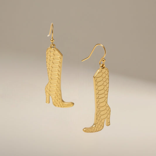 Bedrock Rose gold snakeskin boot dangling earrings made of 24k gold plated laser cut brass on surgical steel wires.