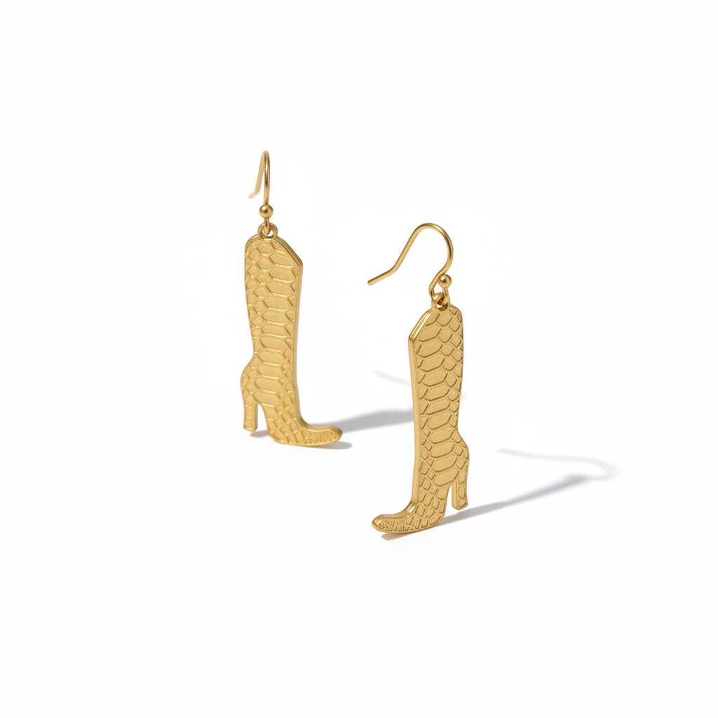 Bedrock Rose gold snakeskin boot dangling earrings made of 24k gold plated laser cut brass on surgical steel wires.