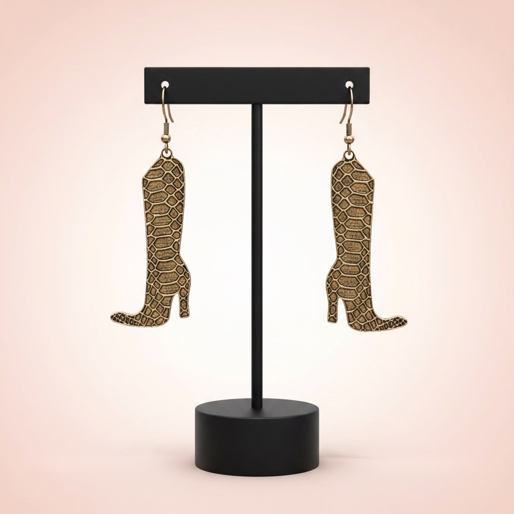 Bedrock Rose gold snakeskin boot shaped dangling earrings made of 24k gold plated laser cut brass on surgical steel wires