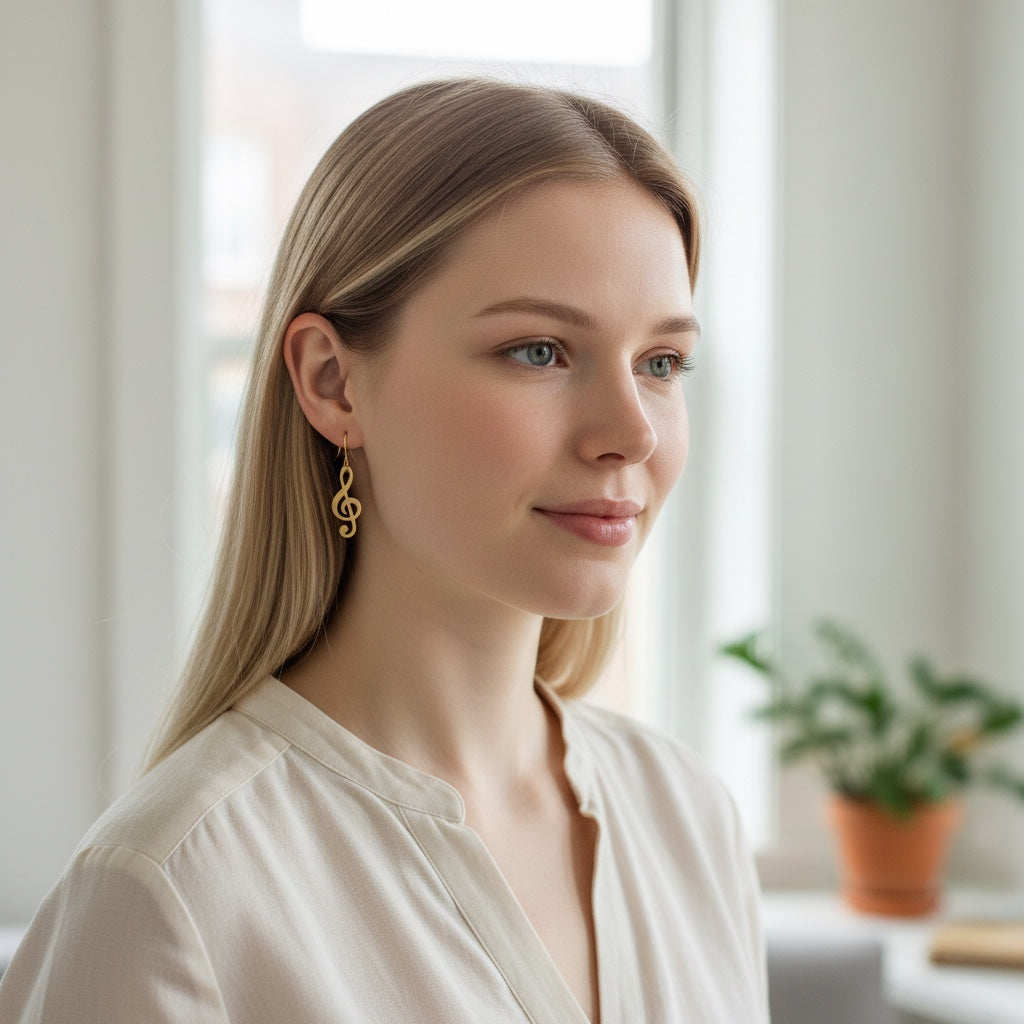 Bedrock Rose gold treble clef dangling earrings worn by a woman in a bright room