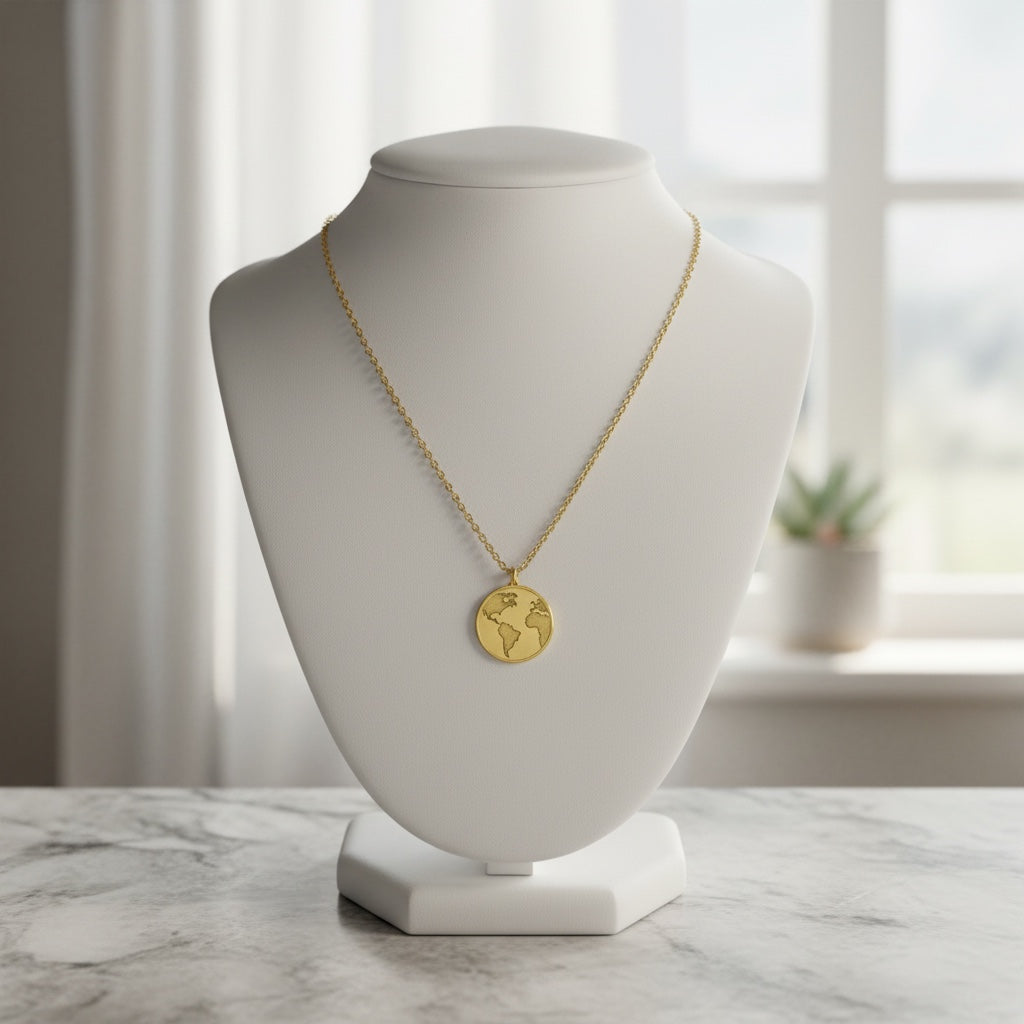 Bedrock Rose gold world pendant necklace with intricate laser engraving on a faceted stainless steel chain.