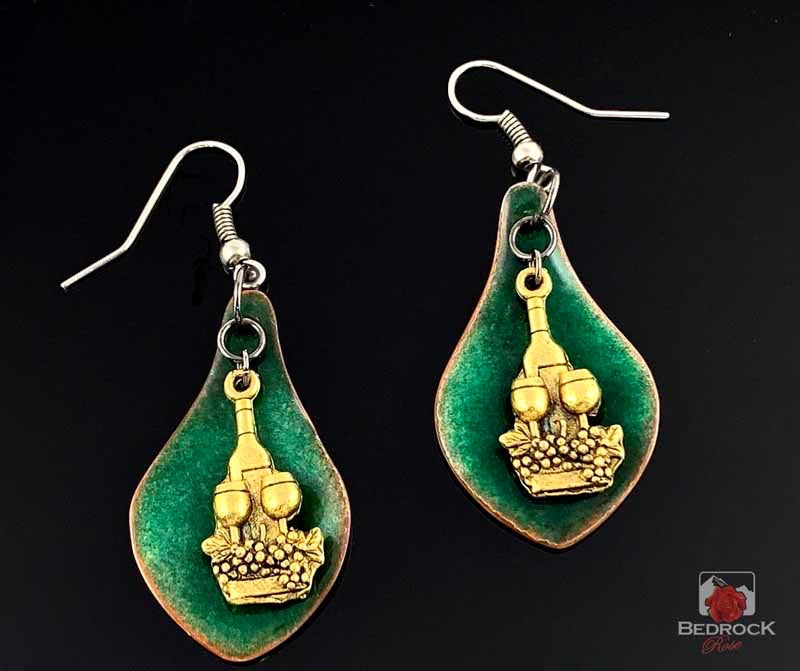 Charming Green Enameled Wine Earrings Bedrock Rose, Handmade Jewelry