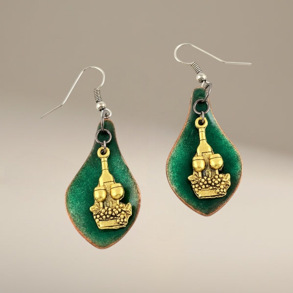 Bedrock Rose green enameled teardrop earrings with brass wine bottle, glasses, and grapes charm.