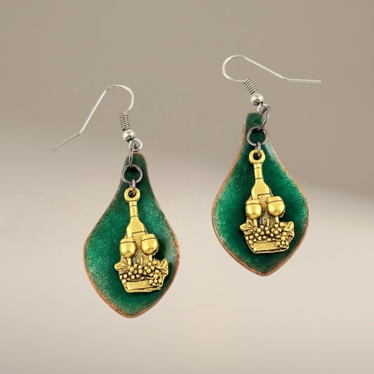 Bedrock Rose green enameled teardrop earrings with brass wine bottle, glasses, and grapes charm.