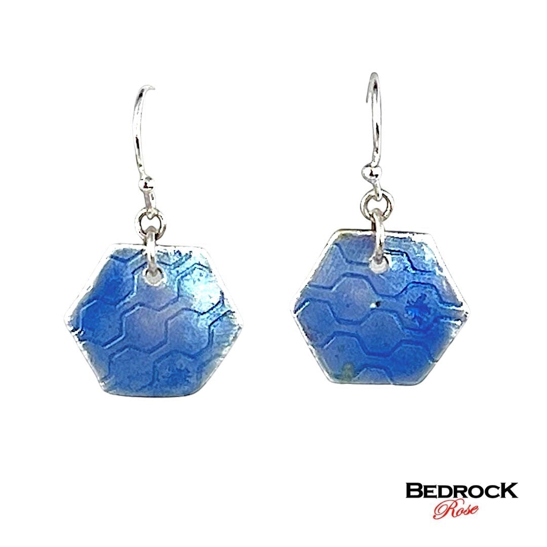 Bedrock Rose hexagon dangle earrings in fine silver with transparent periwinkle blue vitreous enamel honeycomb texture