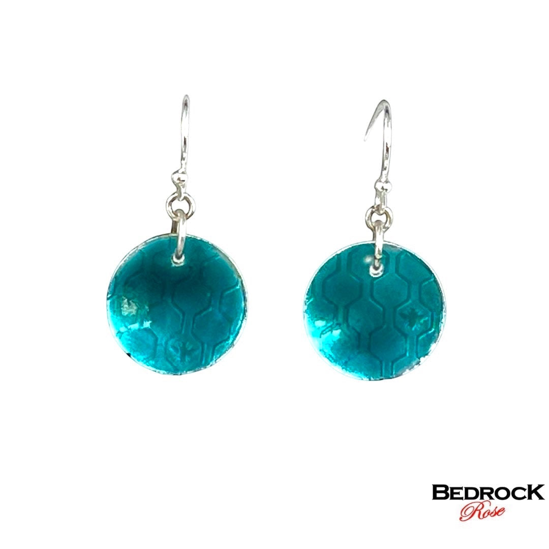 Bedrock Rose honeycomb dangle earrings in fine silver with forest green vitreous enamel and honeybee detail.