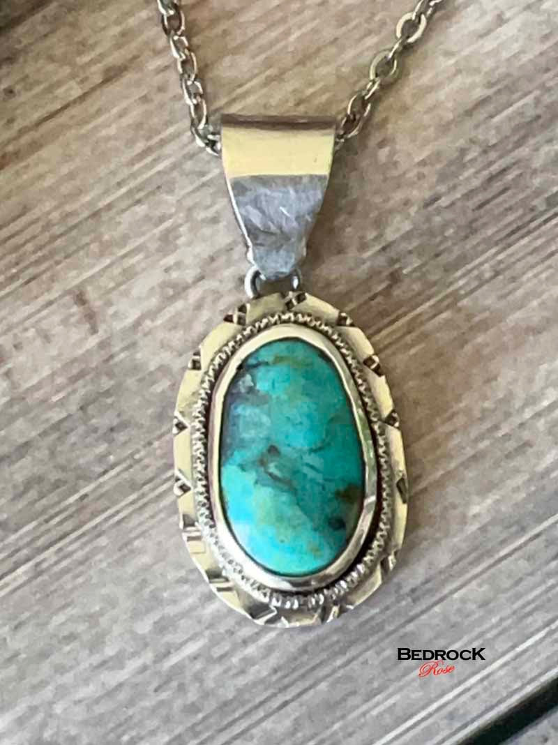 Oval Kingman Turquoise Sterling Silver  Pendant Bedrock Rose