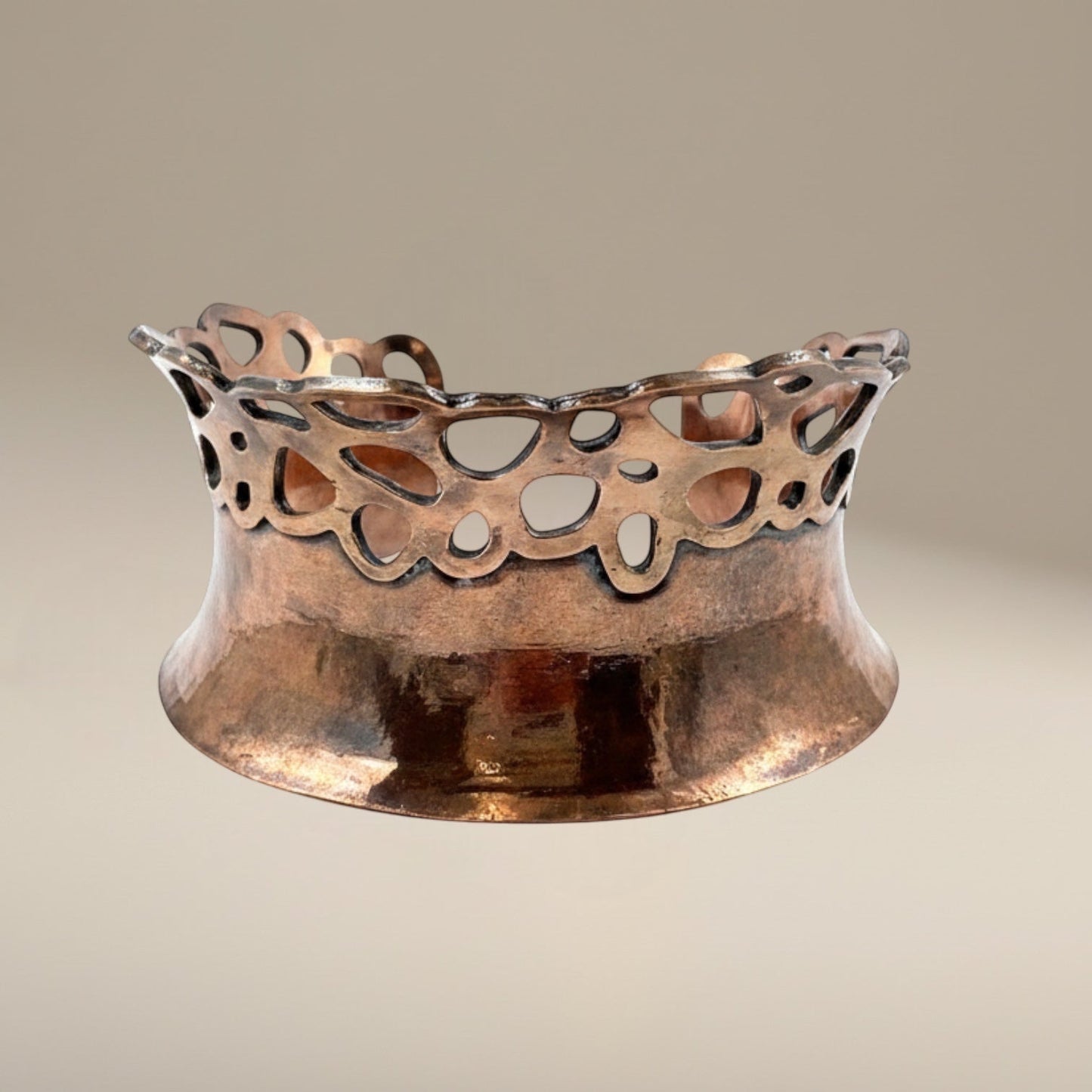 Bedrock Rose lacy pierced copper and brass cuff bracelet with an intricate cutout design and rustic finish