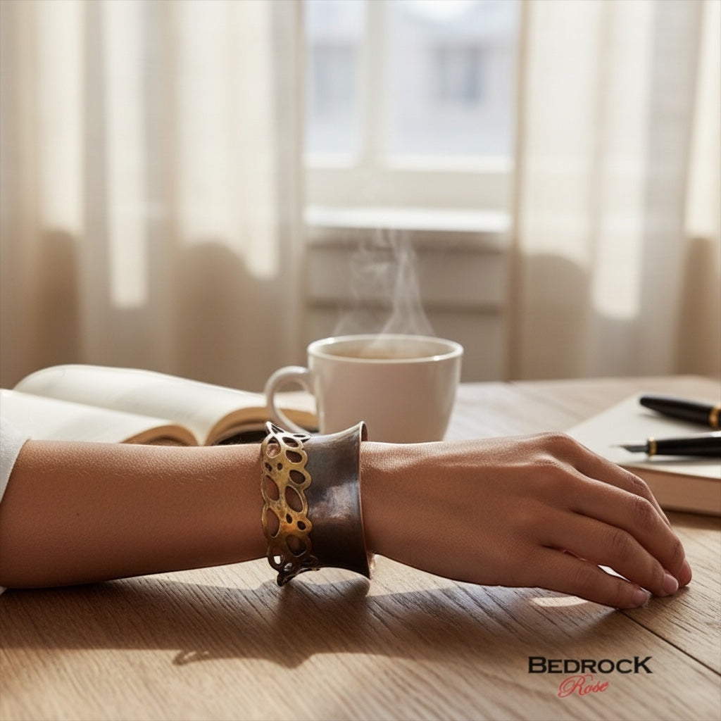 Bedrock Rose lacy pierced cuff bracelet in brass and copper worn on a wrist at a wooden desk with a coffee mug