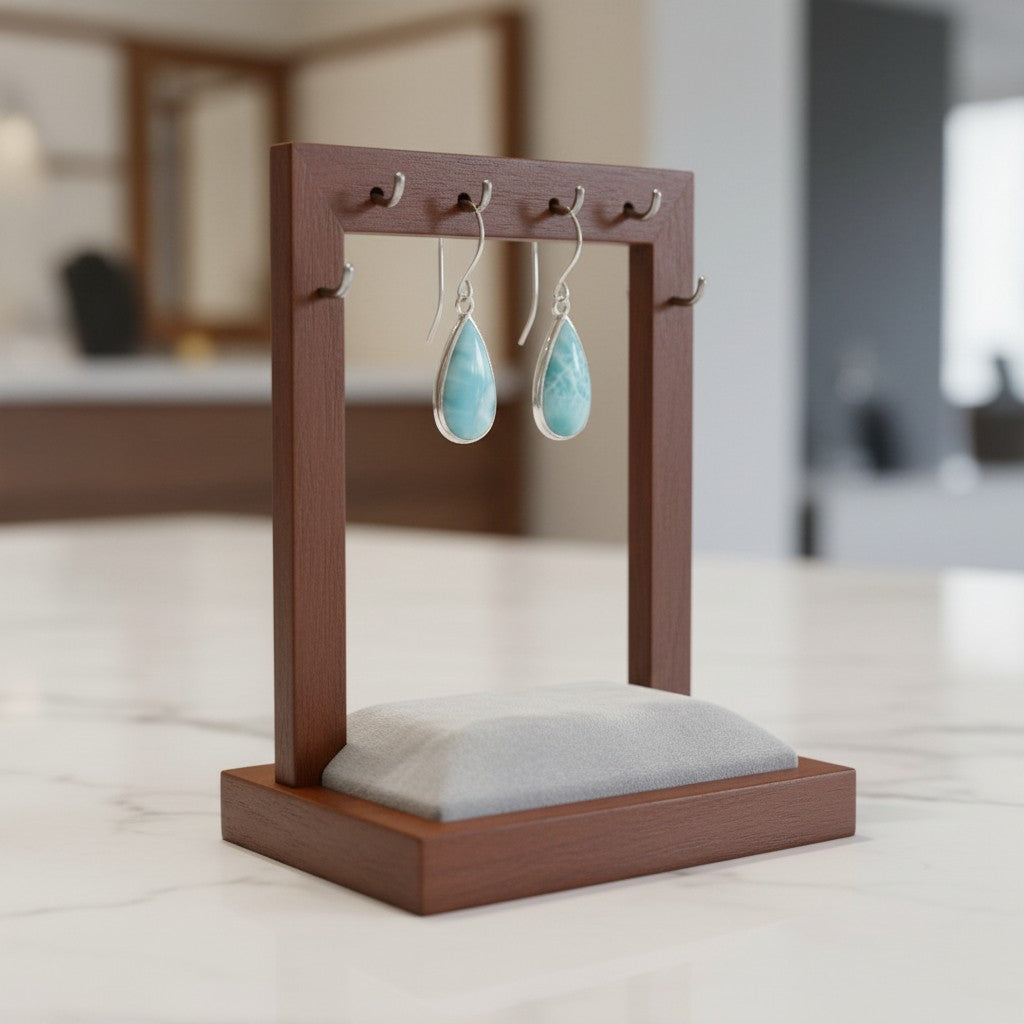 Bedrock Rose handcrafted sterling silver dangle earrings featuring natural blue Larimar teardrop cabochons.