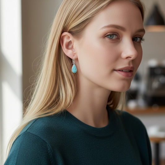 Model wearing Bedrock Rose handcrafted sterling silver dangle earrings with natural blue Larimar teardrop stones.