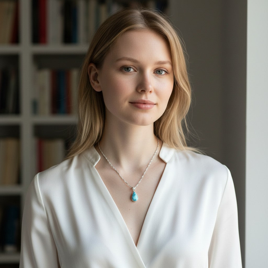 Model wearing a Bedrock Rose handcrafted sterling silver teardrop pendant with a blue larimar stone on a chain.