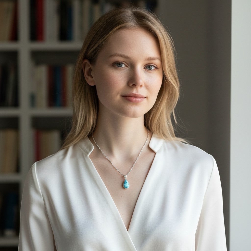 Model wearing a Bedrock Rose handcrafted sterling silver teardrop pendant with a blue larimar stone on a chain.