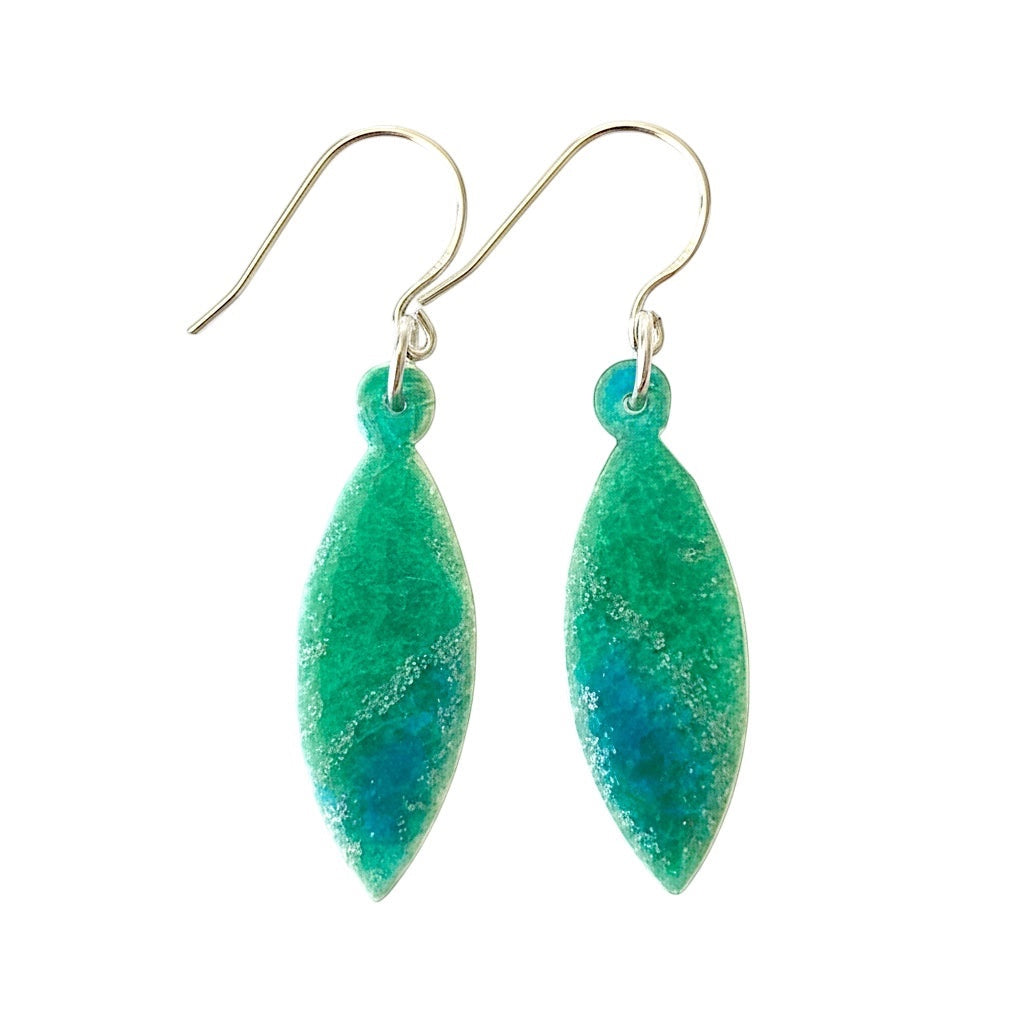 Bedrock Rose marquise earrings in navy blue and lime green enamel with silver mica shimmer on surgical steel wires.