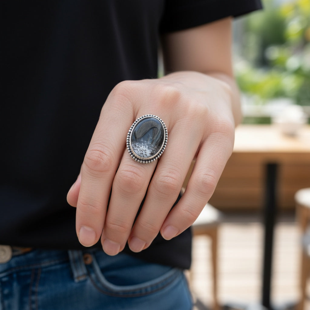 Bedrock Rose handcrafted sterling silver statement ring featuring an oval Merlinite cabochon with dendritic patterns.