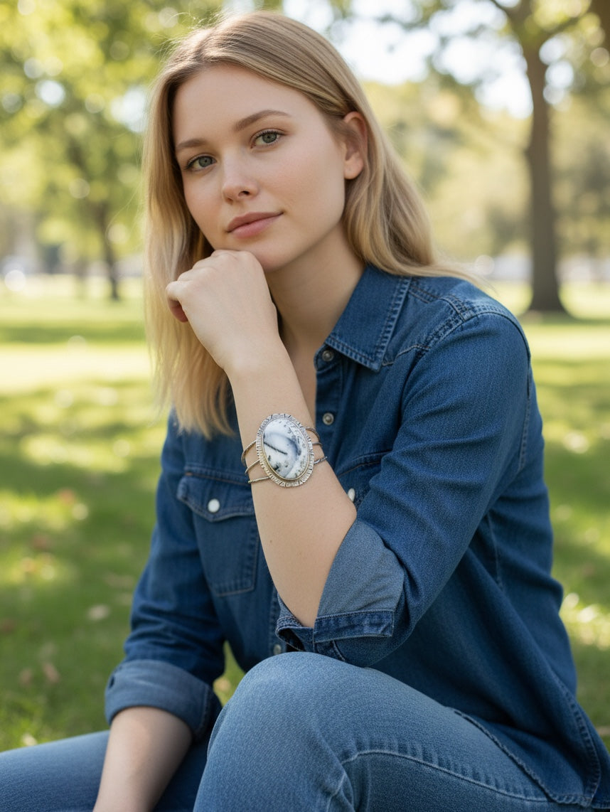 Bedrock Rose statement cuff featuring a large oval Merlinite stone set in textured sterling silver on a woman's wrist
